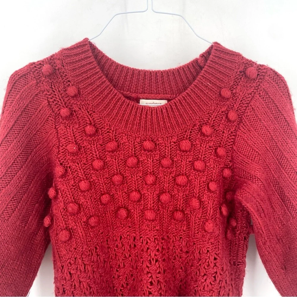 Sundance Red Wool Blend 3/4 Sleeve Knitted Pom Pom Crewneck Sweater